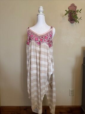 Free People Cream Striped Tank with Pink Embroidered Yoke
